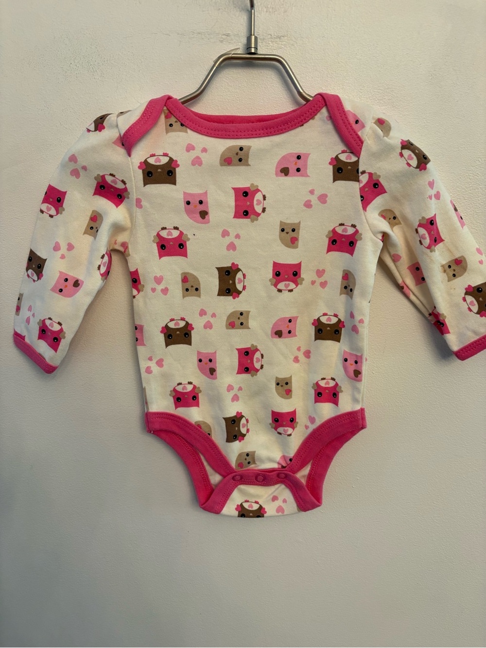 chick pea Pink and Brown Owl Print Long-Sleeve One-Piece Bodysuit